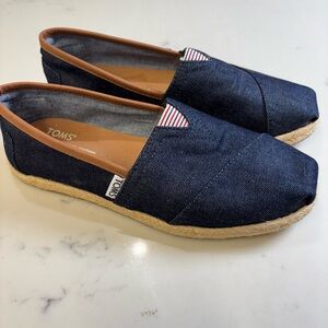 Toms Blue Denim Slip-On Shoes with Brown Trim